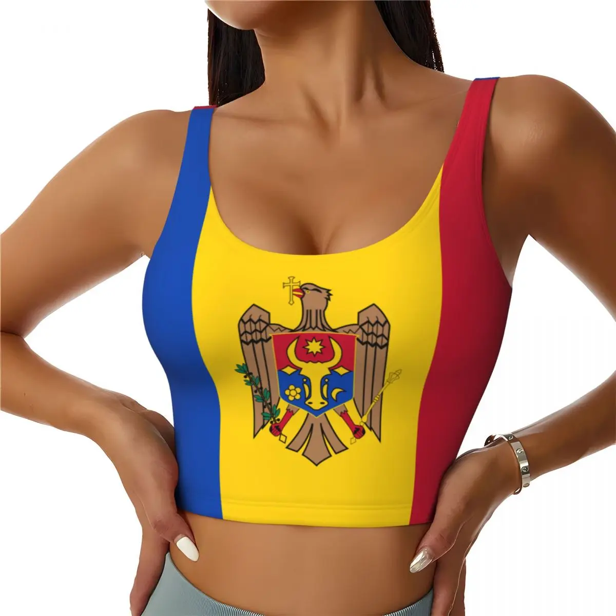 Yoga Và Fitness - Bandeira da Moldavia Tops Básicos Mulheres